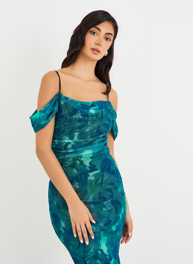 Styli Printed Off-Shoulder Bodycon Midi Dress - Image 3