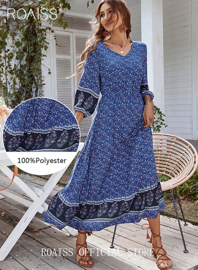 roaiss Ladies Dress A-Line Long Sleeves Big Hem Floral Pattern Bohemian Style  - Image 3