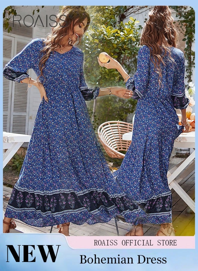 roaiss Ladies Dress A-Line Long Sleeves Big Hem Floral Pattern Bohemian Style  - Image 1