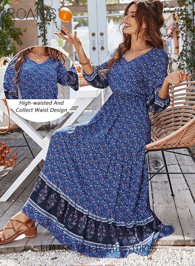 roaiss Ladies Dress A-Line Long Sleeves Big Hem Floral Pattern Bohemian Style  - Image 5