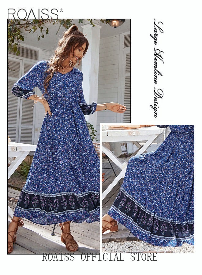 roaiss Ladies Dress A-Line Long Sleeves Big Hem Floral Pattern Bohemian Style  - Image 4