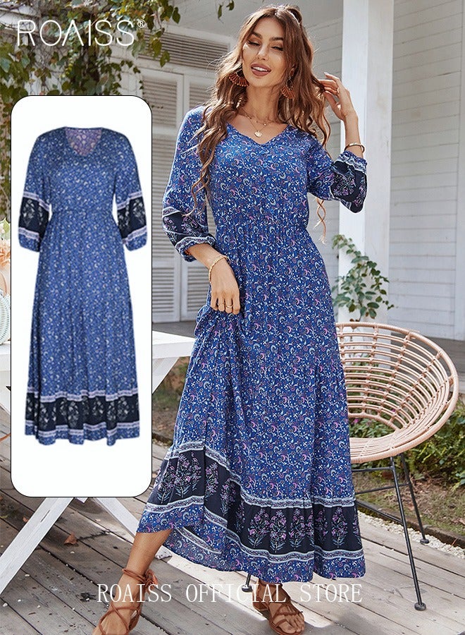 roaiss Ladies Dress A-Line Long Sleeves Big Hem Floral Pattern Bohemian Style  - Image 2