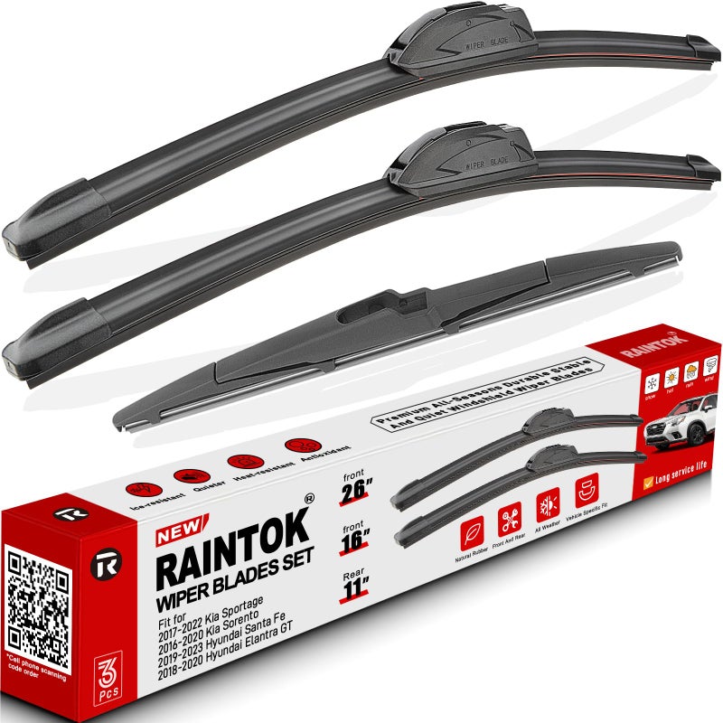 شفاطات الزجاج الأمامي RAINTOK بديل لسيارات كيا سبورتاج 2017-2022 وهيونداي سانتا في 2019-2021 وكيا سورينتو 2016-2020 مجموعة شفاطات أمامية وخلفية بجودة المصنع الأصلية 26 16 11