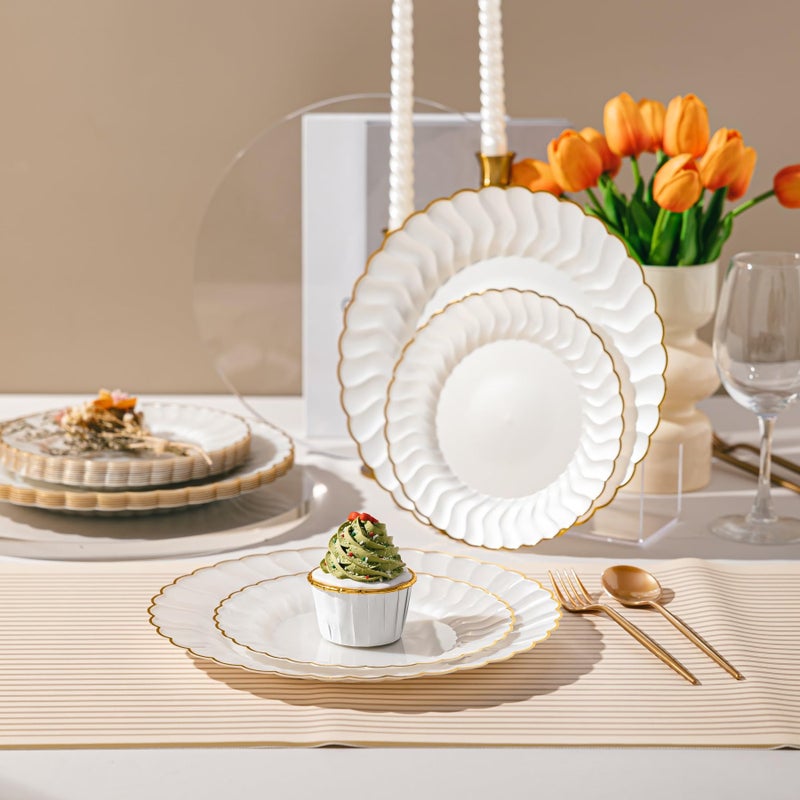 Lullaby 60PCS Pearl White Scalloped Plastic Plates with Gold Rim, Disposable Elegant Plates Include 30pcs Dinner Plate 10.25", 30pcs Dessert Plate 7.5", Perfect for Daily Use, Wedding and Party - Image 5