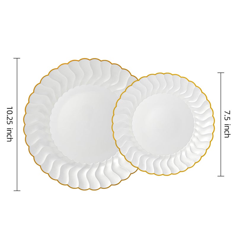 Lullaby 60PCS Pearl White Scalloped Plastic Plates with Gold Rim, Disposable Elegant Plates Include 30pcs Dinner Plate 10.25", 30pcs Dessert Plate 7.5", Perfect for Daily Use, Wedding and Party - Image 2