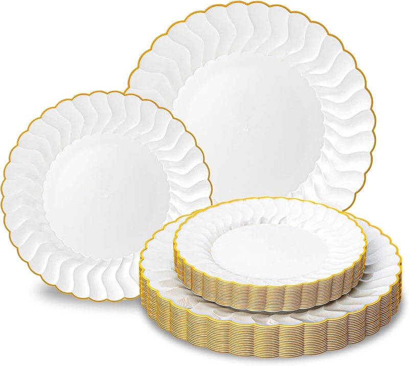 Lullaby 60PCS Pearl White Scalloped Plastic Plates with Gold Rim, Disposable Elegant Plates Include 30pcs Dinner Plate 10.25", 30pcs Dessert Plate 7.5", Perfect for Daily Use, Wedding and Party - Image 1