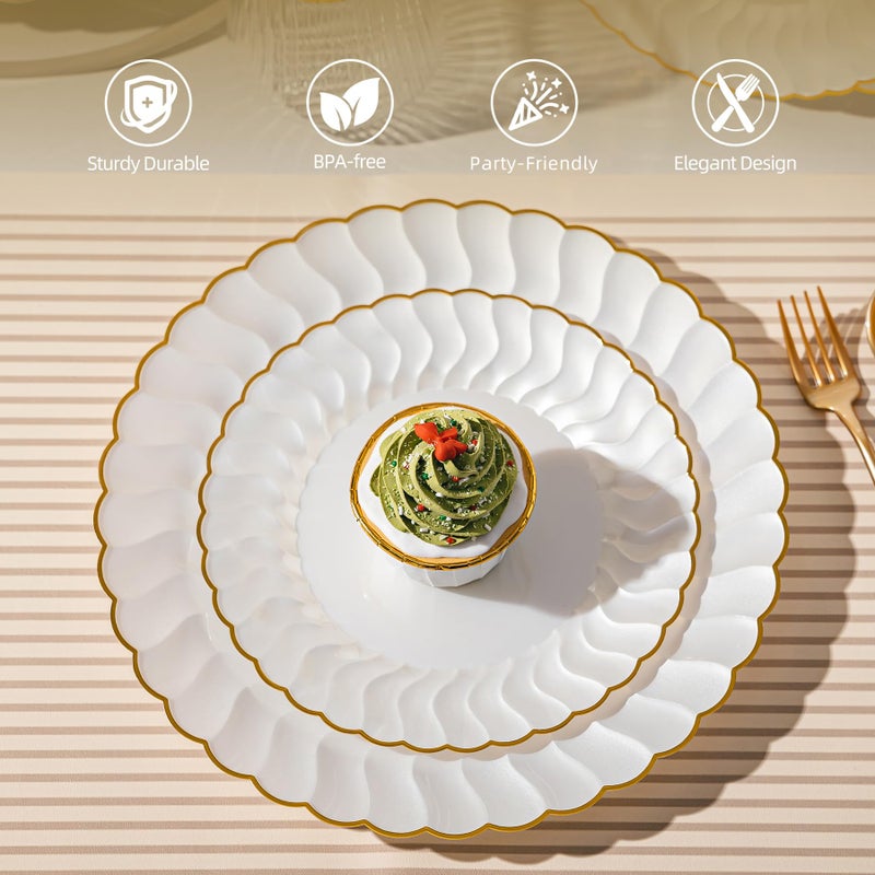Lullaby 60PCS Pearl White Scalloped Plastic Plates with Gold Rim, Disposable Elegant Plates Include 30pcs Dinner Plate 10.25", 30pcs Dessert Plate 7.5", Perfect for Daily Use, Wedding and Party - Image 3