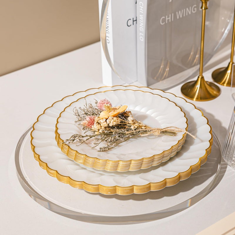 Lullaby 60PCS Pearl White Scalloped Plastic Plates with Gold Rim, Disposable Elegant Plates Include 30pcs Dinner Plate 10.25", 30pcs Dessert Plate 7.5", Perfect for Daily Use, Wedding and Party - Image 4