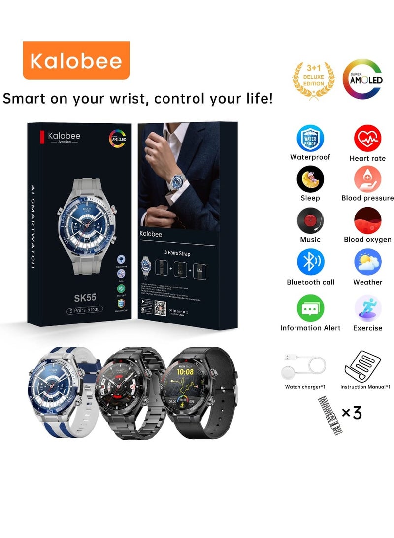 كالوبي ساعة ذكية SK55 بشاشة AMOLED مع 3 أزواج من الأساور، شحن لاسلكي، مصباح يدوي مدمج - Image 1