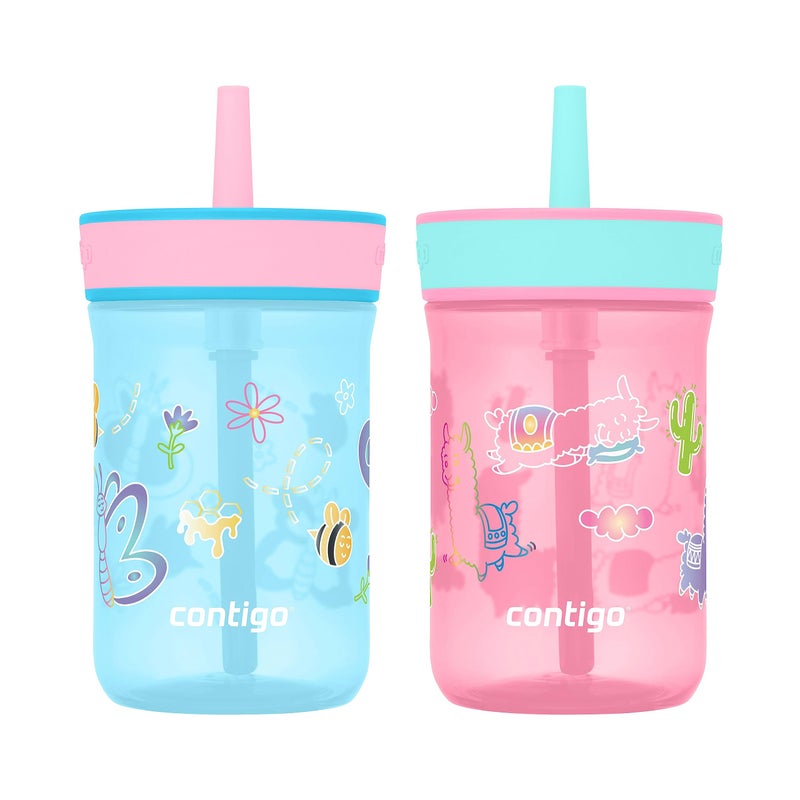 Contigo Leighton Kids Water Bottle, 2-Pack, 14oz, Spill-Proof, Blue Raspberry/Azalea & Butterlies/Llamas, Dishwasher Safe Tumbler with Straw - Image 1