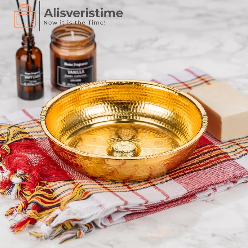 Alisveristime وعاء حمام تركي تقليدي من بأشكال وزخارف أصيلة (وزن 440 جرام، قطر 7.87 بوصة، مصنوع من الزنك، لون ذهبي) - Image 2