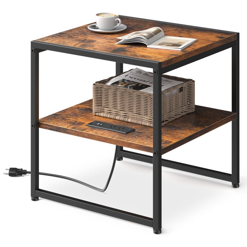 Tatub 20" End Table with Charging Station, Industrial Square Side Table with USB Ports & Outlets, Versatile 2-Tier Small Nightstand for Bedroom Living Room, Rustic Brown - Image 1