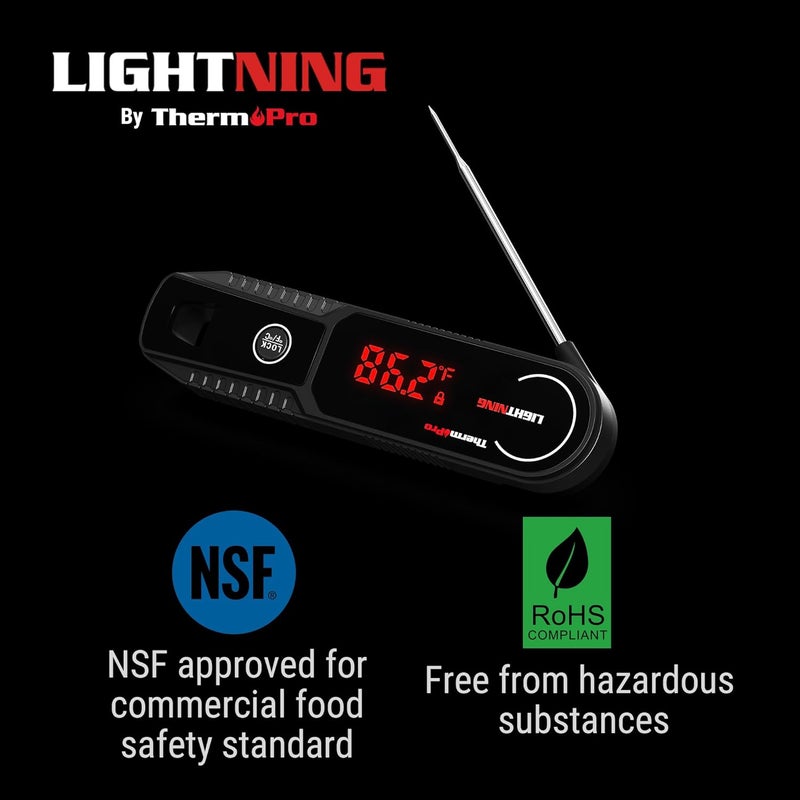 ThermoPro مقياس حرارة اللحم الفوري Lightning 1-Second، مقياس حرارة الطعام في المطبخ مع خاصية الاستيقاظ/النوم التلقائي/عرض دوار بزاوية 180°، مقياس حرارة الطهي المقاوم للماء للقلي العميق، المدخن، الشواء، والشواية - Image 2