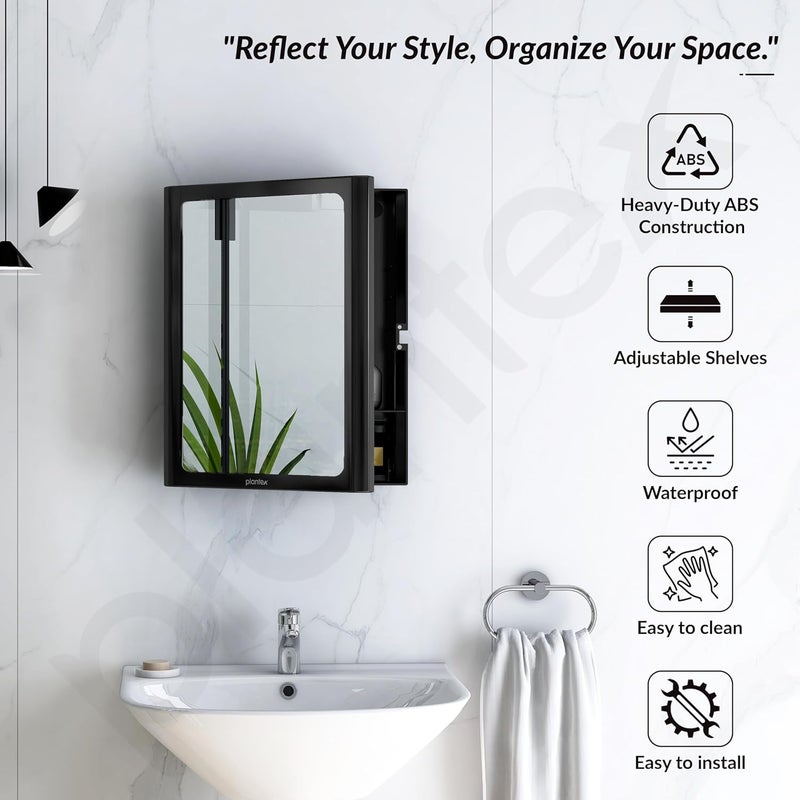plantex Plantex Bathroom Cabinet with MirrorABS Bathroom Storage OrganiserMultipurpose ShelfWall Mount Mirror Cabinet for Wash Basin 14x18 Inch Black - Image 3