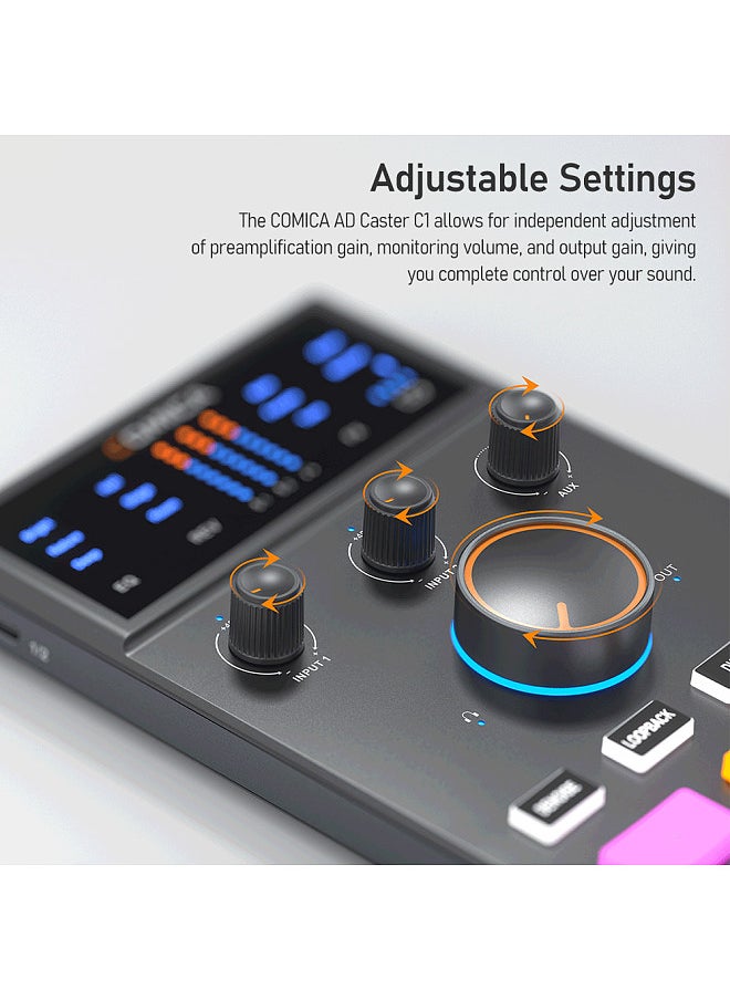 COMICA AD Caster C1 Audio Mixer USB Audio Interface Sound Card with 3.5mm Ports Dual XLR Input Support Real-time Monitoring BT Connection for Podcasting Streaming Gaming and Recording  - Image 3