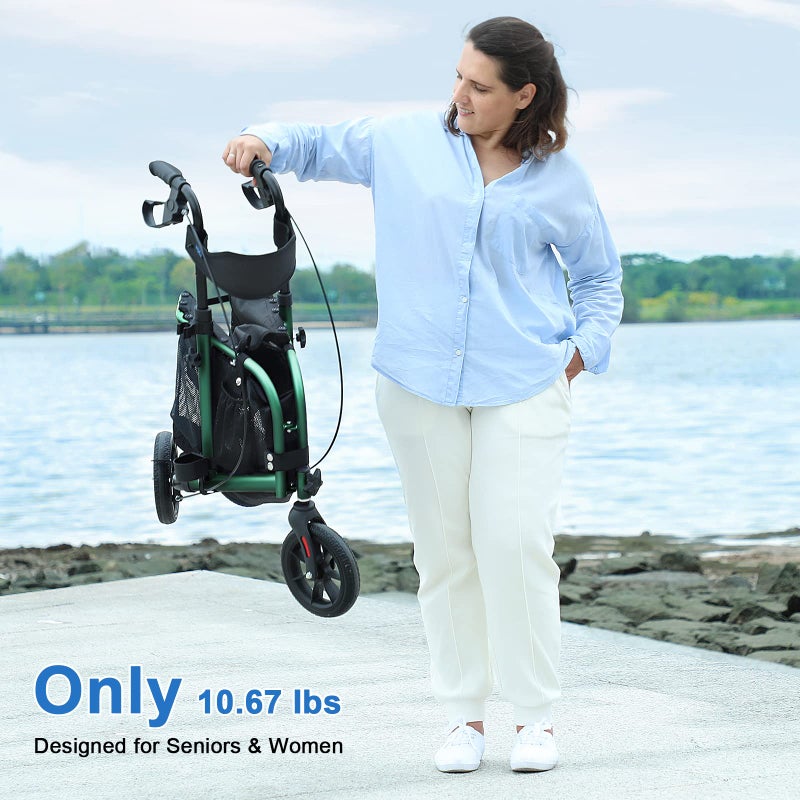 WALK MATE 3 Wheel Rollator Walker with Seat for Slim Seniors, Padded Backrest Lightweight Foldable Travel Walker Ideal for Elderly, 8 Inch Tri-Wheel Modern Mobility Walking Aid Aluminum, Green - Image 3