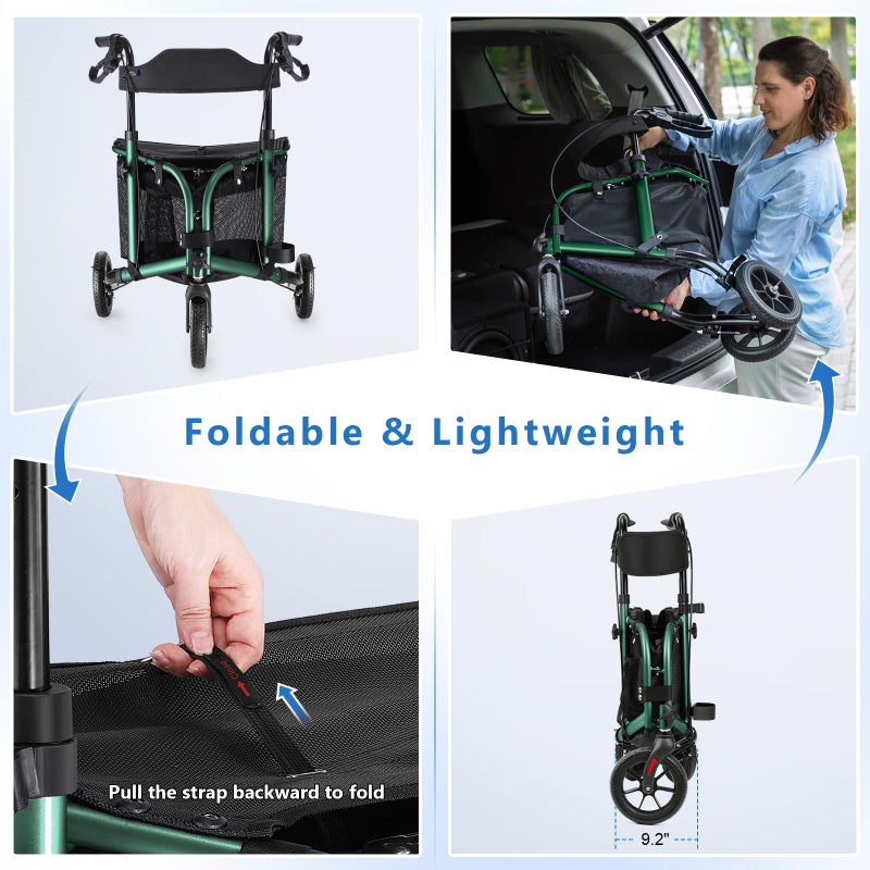 WALK MATE 3 Wheel Rollator Walker with Seat for Slim Seniors, Padded Backrest Lightweight Foldable Travel Walker Ideal for Elderly, 8 Inch Tri-Wheel Modern Mobility Walking Aid Aluminum, Green - Image 4
