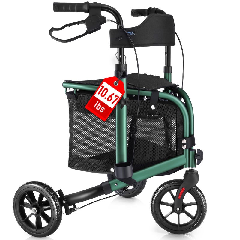 WALK MATE 3 Wheel Rollator Walker with Seat for Slim Seniors, Padded Backrest Lightweight Foldable Travel Walker Ideal for Elderly, 8 Inch Tri-Wheel Modern Mobility Walking Aid Aluminum, Green - Image 1