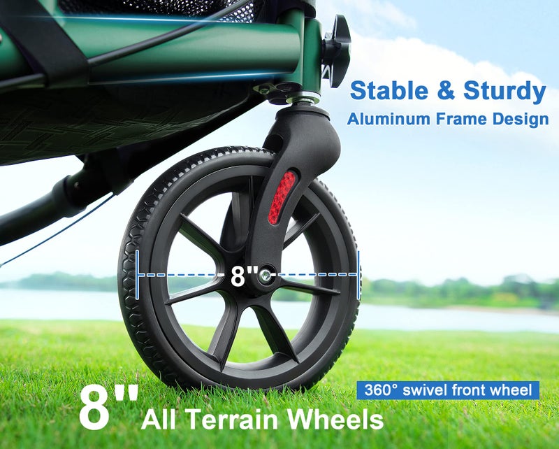 WALK MATE 3 Wheel Rollator Walker with Seat for Slim Seniors, Padded Backrest Lightweight Foldable Travel Walker Ideal for Elderly, 8 Inch Tri-Wheel Modern Mobility Walking Aid Aluminum, Green - Image 2