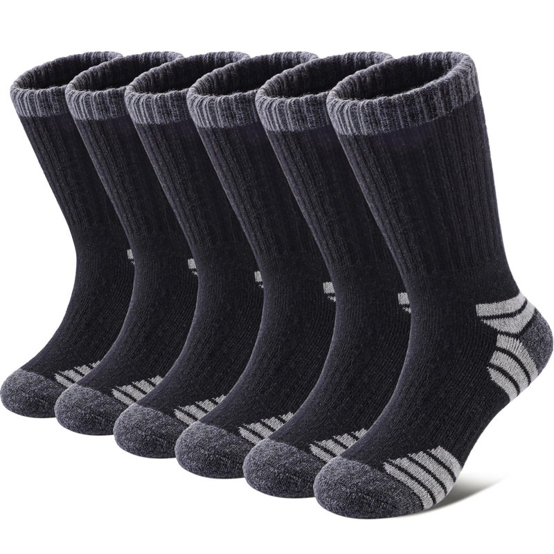SDBING Kids Merino Wool Hiking Socks Toddlers Boys Girls Boot Winter Warm Cushion Socks 6 Pairs (8-12 Years, Black) - Image 1