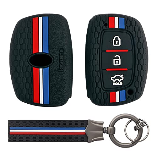 Keyzone® Striped Silicone Key Cover Compatible for i10 Grand, i20 Elite, i20 Active, Xcent, Verna 4s, Tucson, Elantra, Grand i10 Nios (3 Button Smart Key, Black with Black Striped Keychain) - Image 1