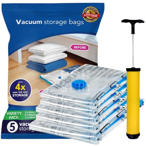 Porslin Polyamide,Polyethylene 5-Pack Vacuum Storage Bags for Clothes with Pump|Travel Vacuum Storage Bags for Packing & Clothes Storage|Reusable Airtight Space Saver Bags,Blankets,Luggage,Transparent - Image 1