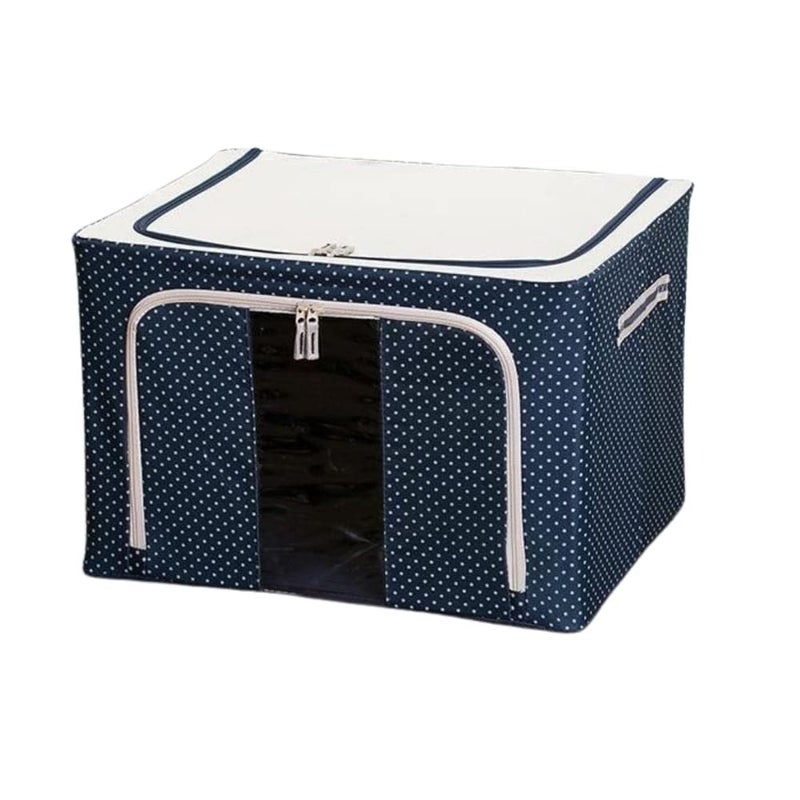BIYALI 66 Litre Foldable Steel Frame Cloth Organizer Storage Bag with Zip Oxford Fabric Organisers Cover Boxes for Wardrobe Clothes Sarees Bed Sheet Blanket Blue Polka Dot - Image 1