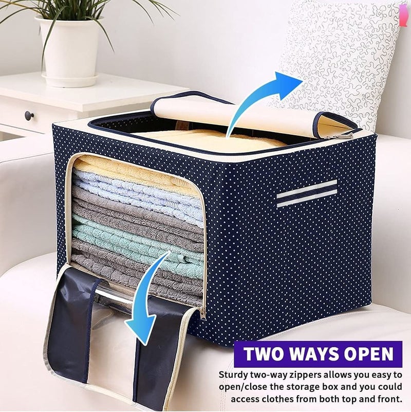 BIYALI 66 Litre Foldable Steel Frame Cloth Organizer Storage Bag with Zip Oxford Fabric Organisers Cover Boxes for Wardrobe Clothes Sarees Bed Sheet Blanket Blue Polka Dot - Image 3