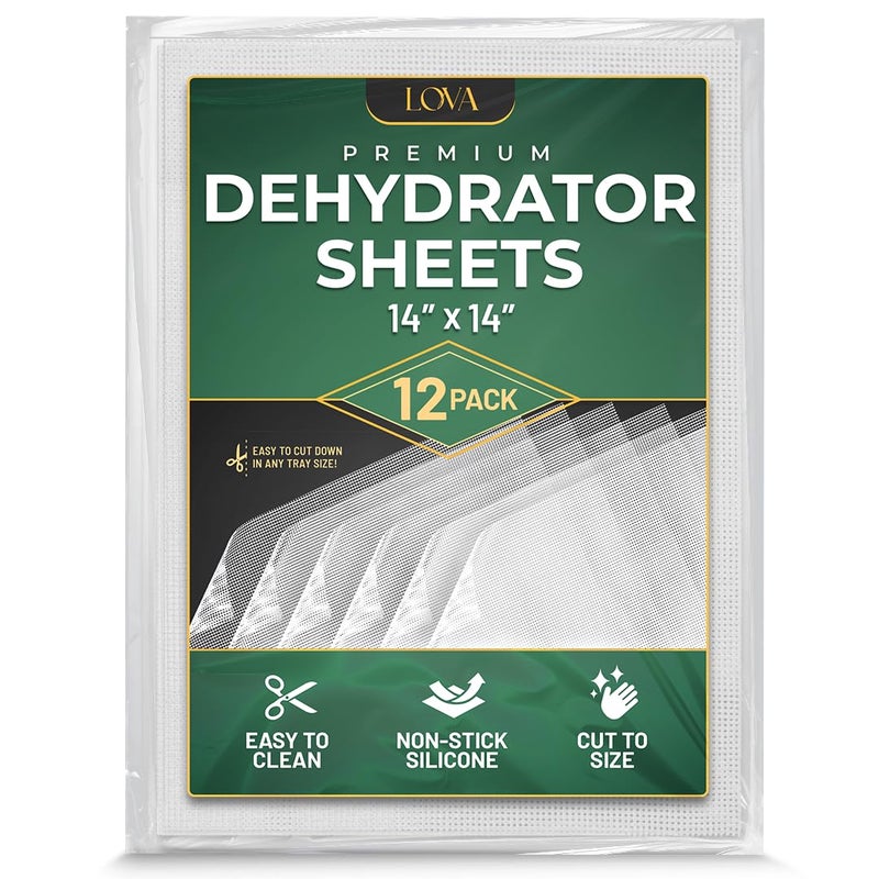 Lova Silicone Dehydrator Sheets 14x14 (12 Pack) Fine Mesh Tray Liners for Excalibur, Cosori, Magic Mill, Nonstick Reusable Mats, BPA Free, Cut to Fit, Jerky Herbs Fruit by Lova - Image 1