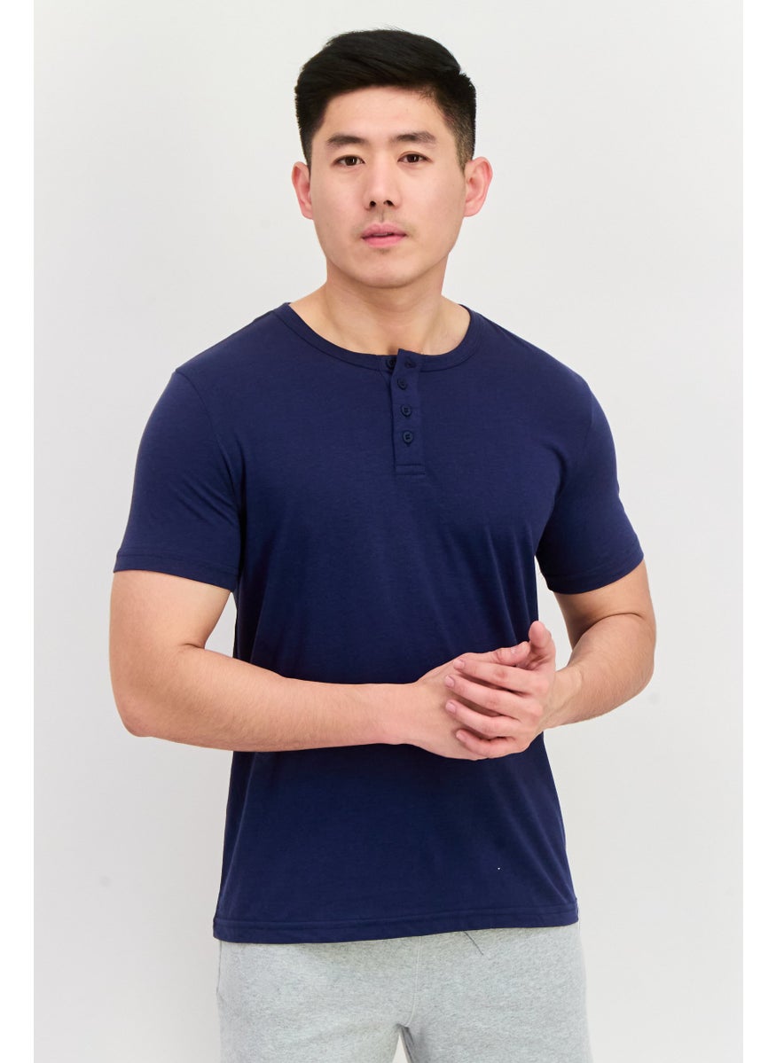 Project Essentials - Men Henley Neck Short Sleeve Solid T-Shirt, Navy - Image 1