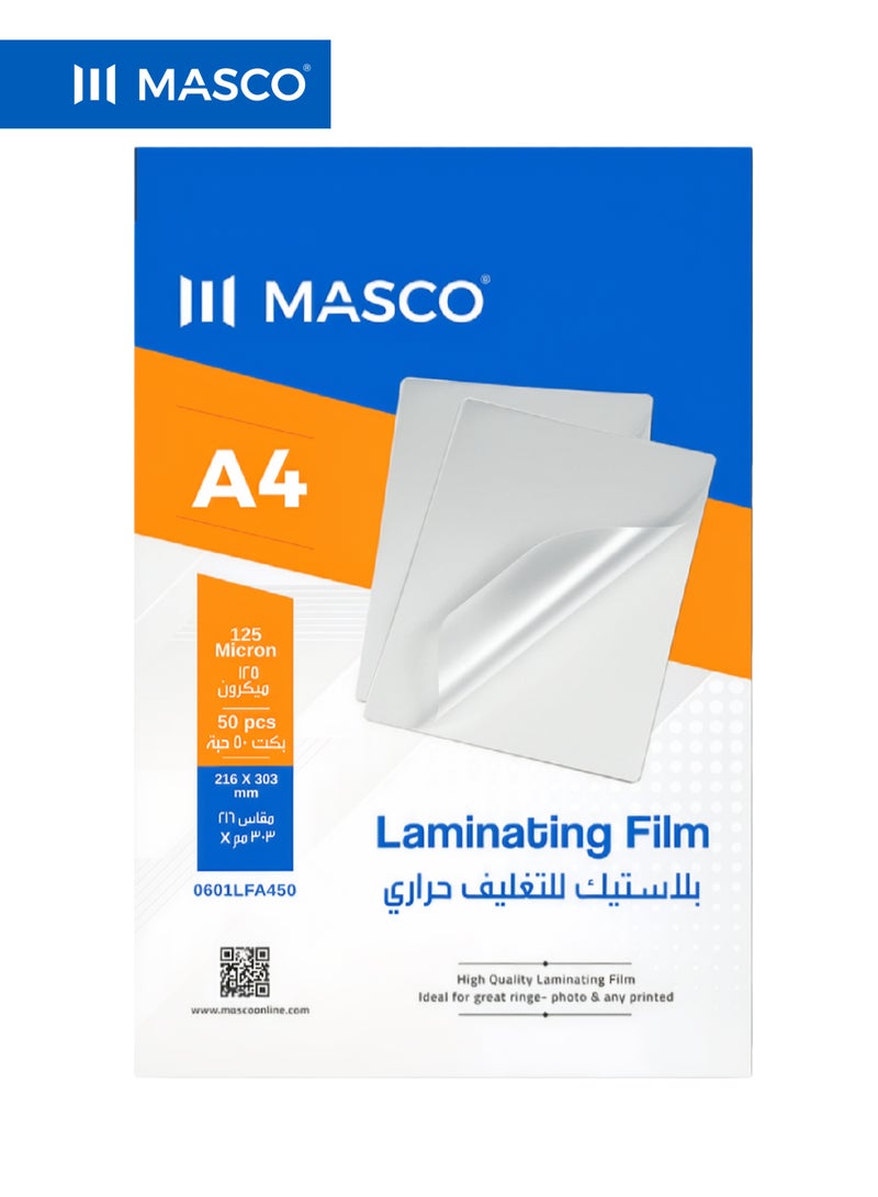 MASCO A4 Laminating Film 125 Micron, Thermal Lamination Sheets, 50 Pieces - Image 1