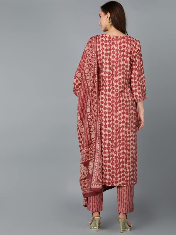 Vaamsi Women's Silk Blend Geometric Printed Straight Kurta Pant With Dupatta Set (VKSKD1708_Beige_S) - Image 4
