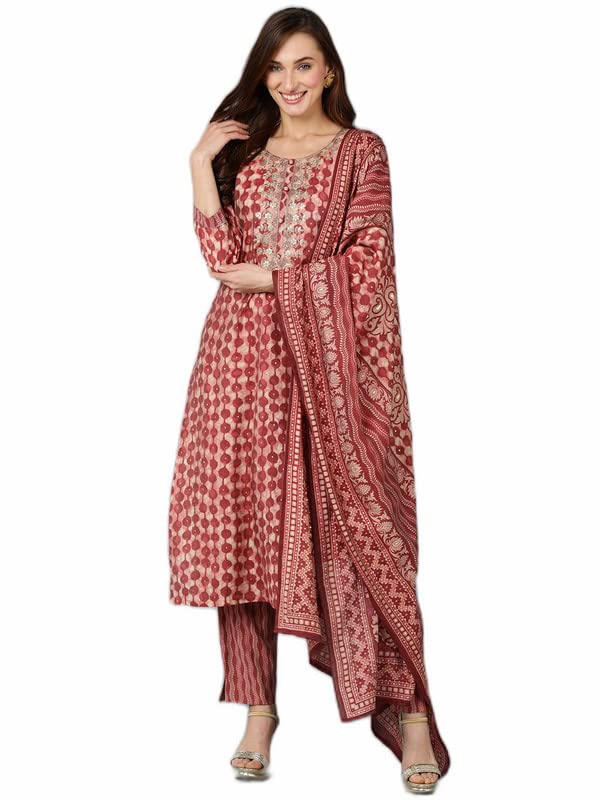 Vaamsi Women's Silk Blend Geometric Printed Straight Kurta Pant With Dupatta Set (VKSKD1708_Beige_S) - Image 1