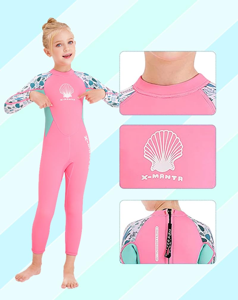 Skyone Kids Girls Boys Wetsuit Full Body Neoprene Thermal Swimsuit 2.5MM for Toddler Youth Children Teen, Long Sleeve Child Scuba Diving Surf Suit One Piece Sun Protection for Water Sports (Girl Pink, XL) - Image 3