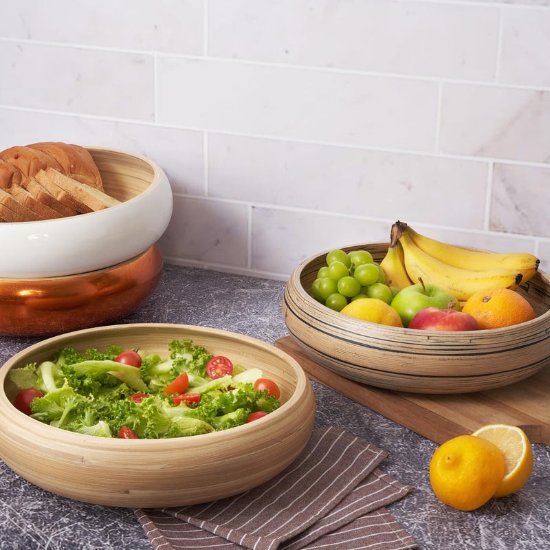 LEXA 12" Handmade White Bamboo Wooden Fruit Bowl for Kitchen Counter - 130Oz Lightweight Large Bamboo Wooden Bowls for Food, Wooden Salad Bowl, Wood Bowls for food - Wooden Serving Bowl for Snacks - Image 2