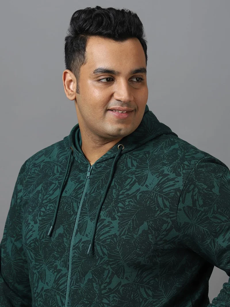 Urbano Fashion  Urbano Plus Men's Dark Green Regular Fit Printed Full Sleeve Casual Winterwear Hooded Sweatshirt  | Best Price UAE