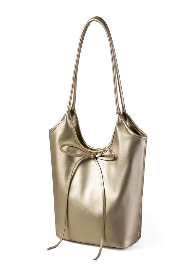 Avilego Vintage French Bow Tote Bag Large Capacity Hobo Bag Shoulder Bag Satchel Purse Chic Underarm Bag for Women Girls, Pu Gold, 15.75" L x 9.45"H x 5.91"W - Image 2
