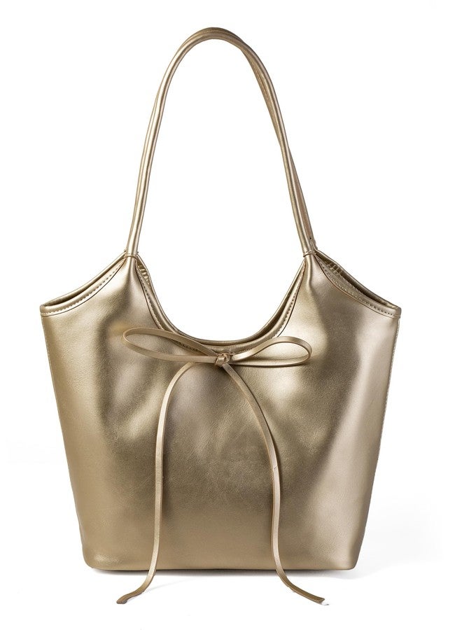 Avilego Vintage French Bow Tote Bag Large Capacity Hobo Bag Shoulder Bag Satchel Purse Chic Underarm Bag for Women Girls, Pu Gold, 15.75" L x 9.45"H x 5.91"W - Image 1