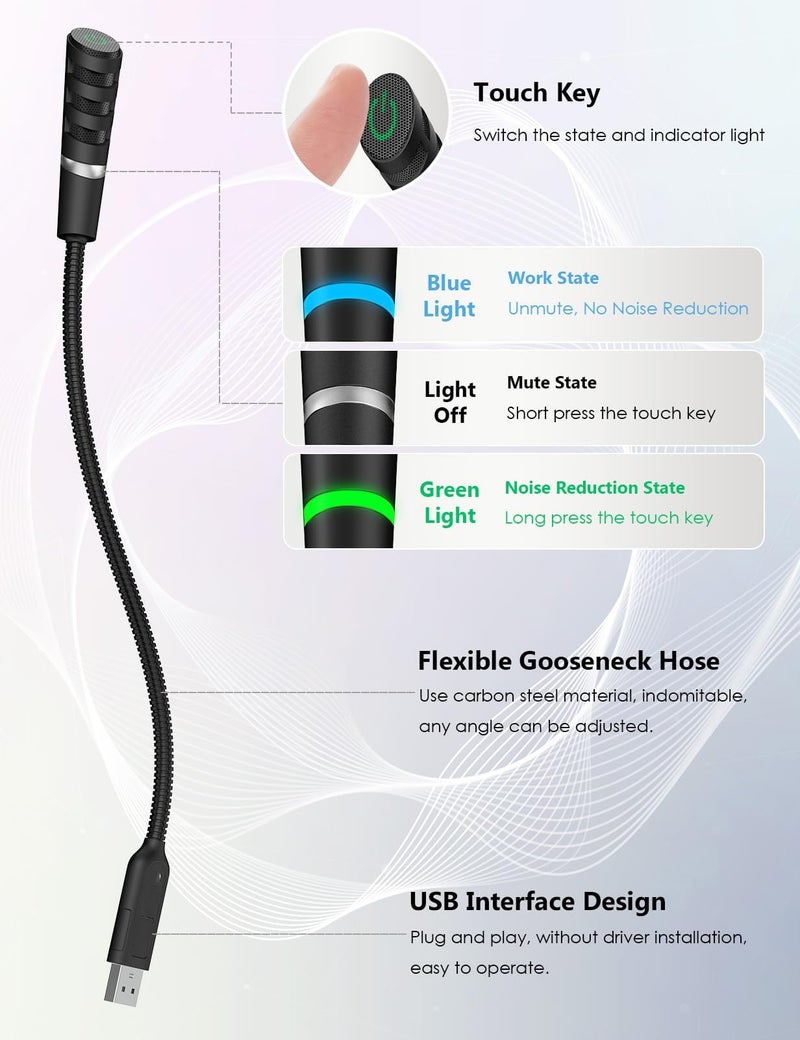 Zikra USB Microphone for PC and Laptop, Portable Gooseneck USB Computer Microphone Mute/Noise Reduction/Omnidirectional External Mini USB Microphone for YouTube, Streaming, Recording, Gaming - Image 5
