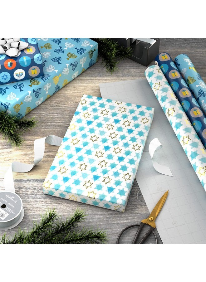 Hallmark Tree Of Life Hanukkah Wrapping Paper With Cutlines On Reverse (3 Rolls 120 Sq. Ft. Total) Blue And Gold Star Of David Menorahs Candles Dreidels  - Image 2
