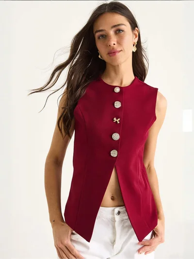 Bianco Lucci Fitted Sleeveless Button-Front Waistcoat with Crew Neck