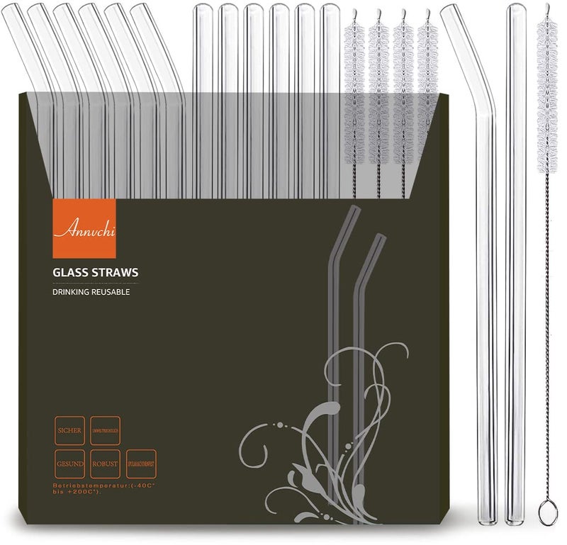 ANNVCHI 16 Pack Reusable Glass Straws,Set of 6 Straight and 6 Bent with 4 Cleaning Brush,Perfect for Smoothies,Tea, Juice, Milkshakes(8.5''x10 MM) - Image 1
