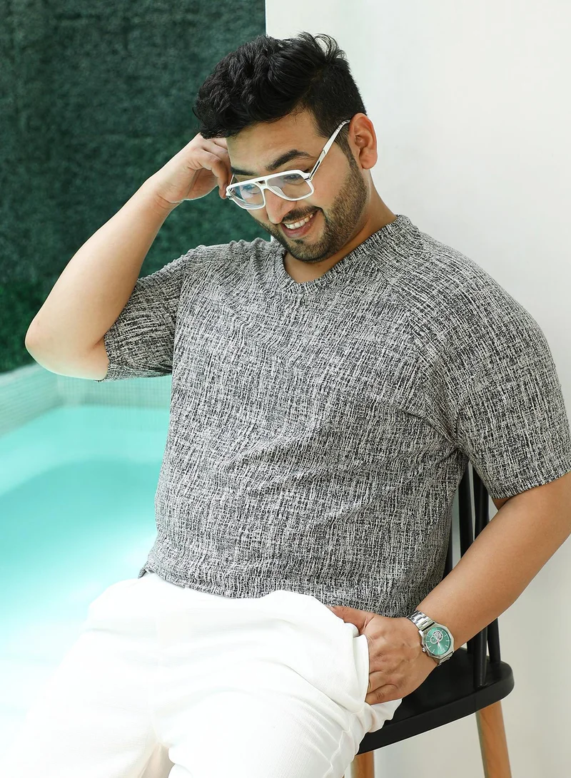 انستافاب بلس Instafab Plus Men's Grey & Black Contrast-Heathered Knitted T-Shirt For Casual Wear | V-Neck | Short Regular Sleeves | Pull On Closure | Plus Size T-Shirt Crafted With Comfort Fit For Everyday Wear