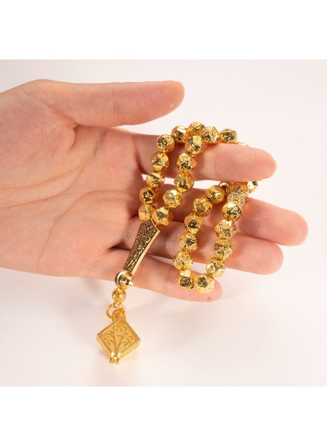 TranquilBeads Gold Color Volcanic Stone Tasbih 33 Beads | Lava Stone Prayer Beads with Luminous Pendant | Textured Beads with Metallic Finish | Elegant Gift | Islamic Tasbih for Men - Image 4