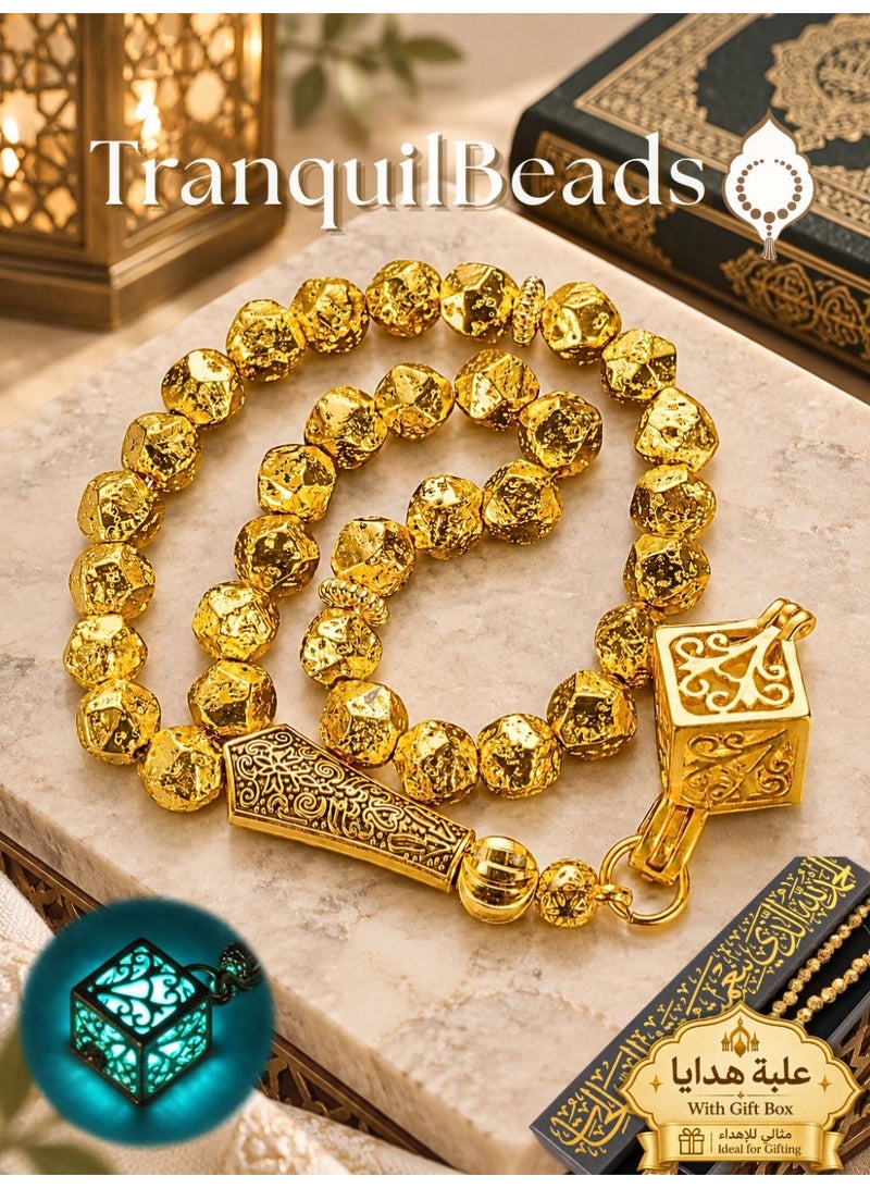 TranquilBeads Gold Color Volcanic Stone Tasbih 33 Beads | Lava Stone Prayer Beads with Luminous Pendant | Textured Beads with Metallic Finish | Elegant Gift | Islamic Tasbih for Men - Image 1