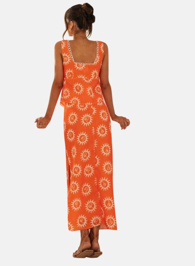 YUNIQEE Orange Printed Sleeveless Top With Skirt  - Image 3