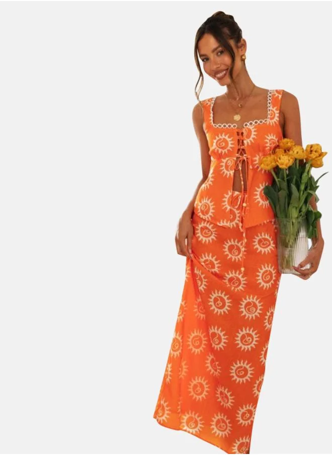 YUNIQEE Orange Printed Sleeveless Top With Skirt