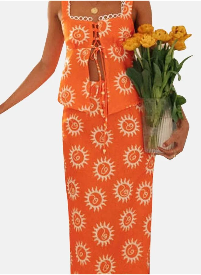 يونيكي Orange Printed Sleeveless Top With Skirt