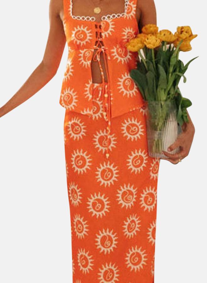 YUNIQEE Orange Printed Sleeveless Top With Skirt  - Image 2