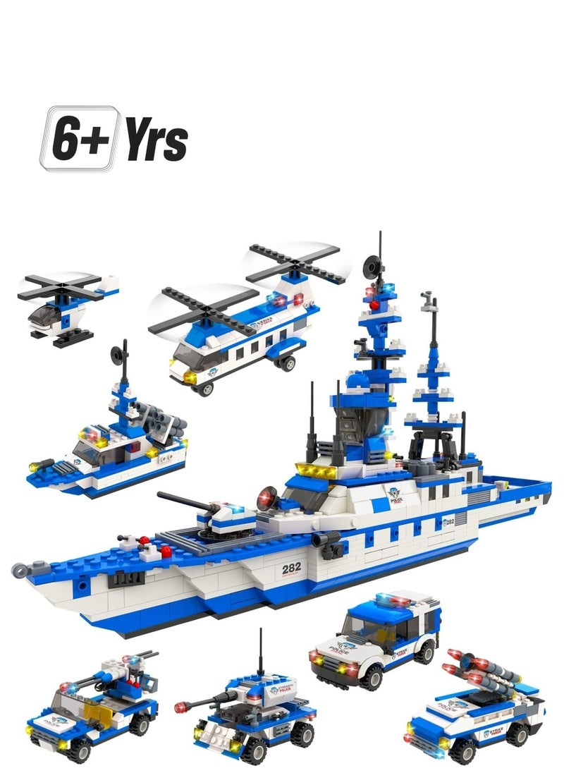 1230pcs 6-in-1 Building Toy, City Police Battleship Building Kit, with Cop Car, Patrol Boat, Helicopter, Best Learning Roleplay Stem Construction Toys, Gift for Boys and Girls 6-12  - Image 1